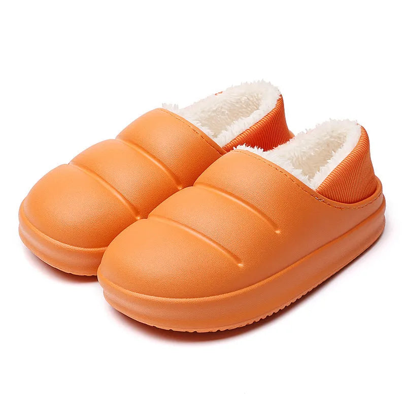 A pair of green EVA couple slippers with plush lining, shown as indoor house shoes and outdoor garden overshoes.