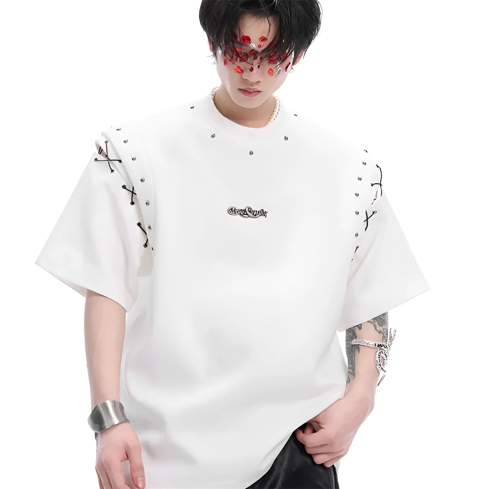 Women's black short sleeve t-shirt with a lace-up cutout design detail on the front