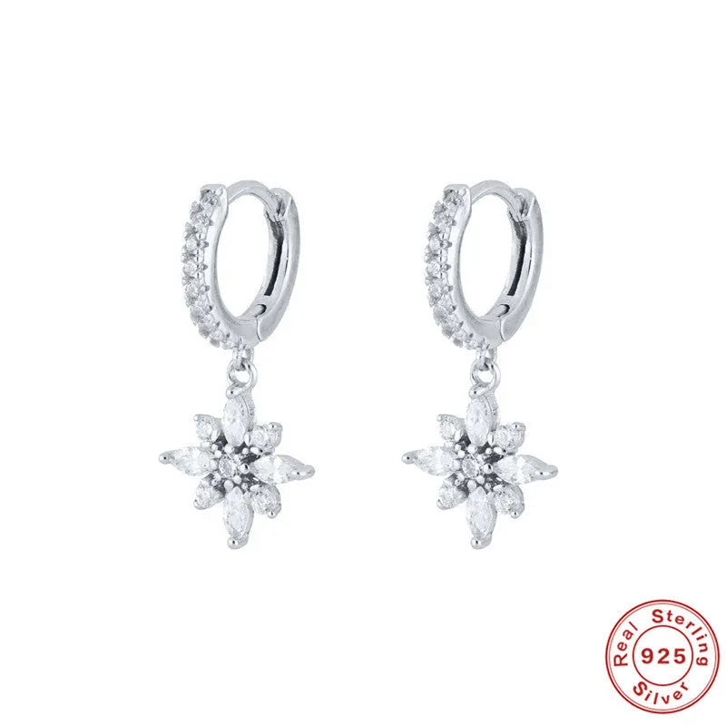 S925 sterling silver diamond snowflake pendant earrings with gemstone inlay in geometric design