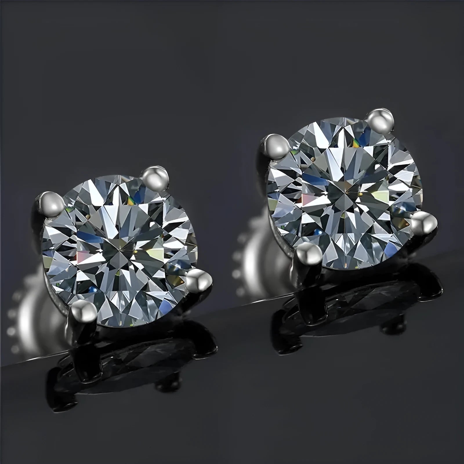 Silver screw four claw moissanite stud earrings with geometric 7mm design and certificate