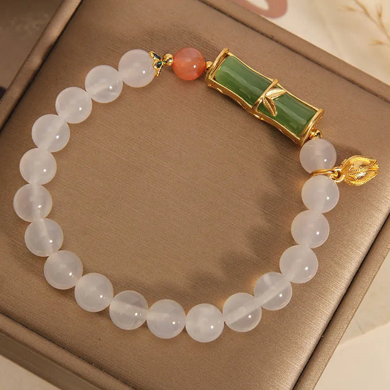 White agate jasper and jade bamboo beaded bracelet in Chinese retro style for women