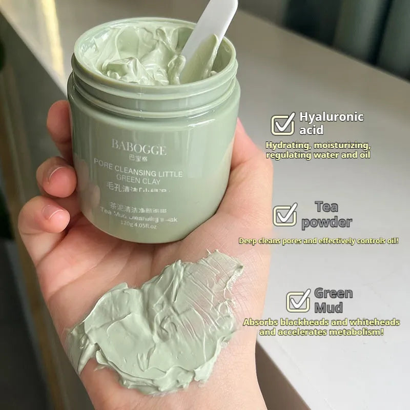 Clay cleansing facial mask in a container, labelled as a 120g non-pulling, dry daub-type formula.