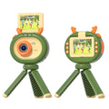 Purple children's digital camera with flip screen showing HD resolution display