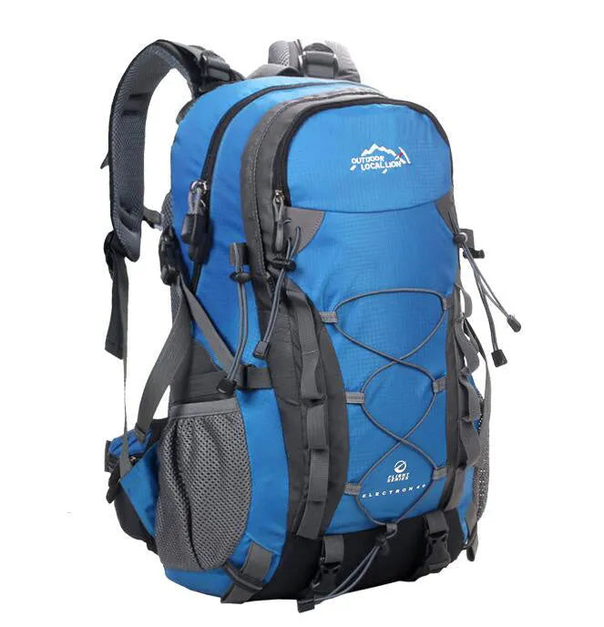 Polyester outdoor backpack in green, blue, black, or orange with 20-35L capacity for sports and travel