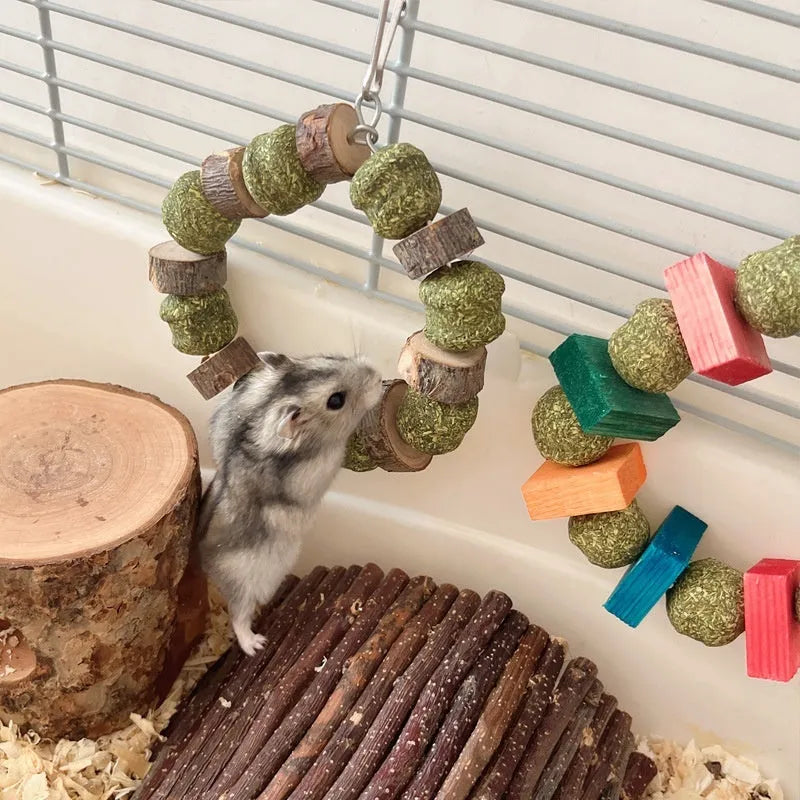Hamster chew toy with decorative straw ball ring for small animal dental care