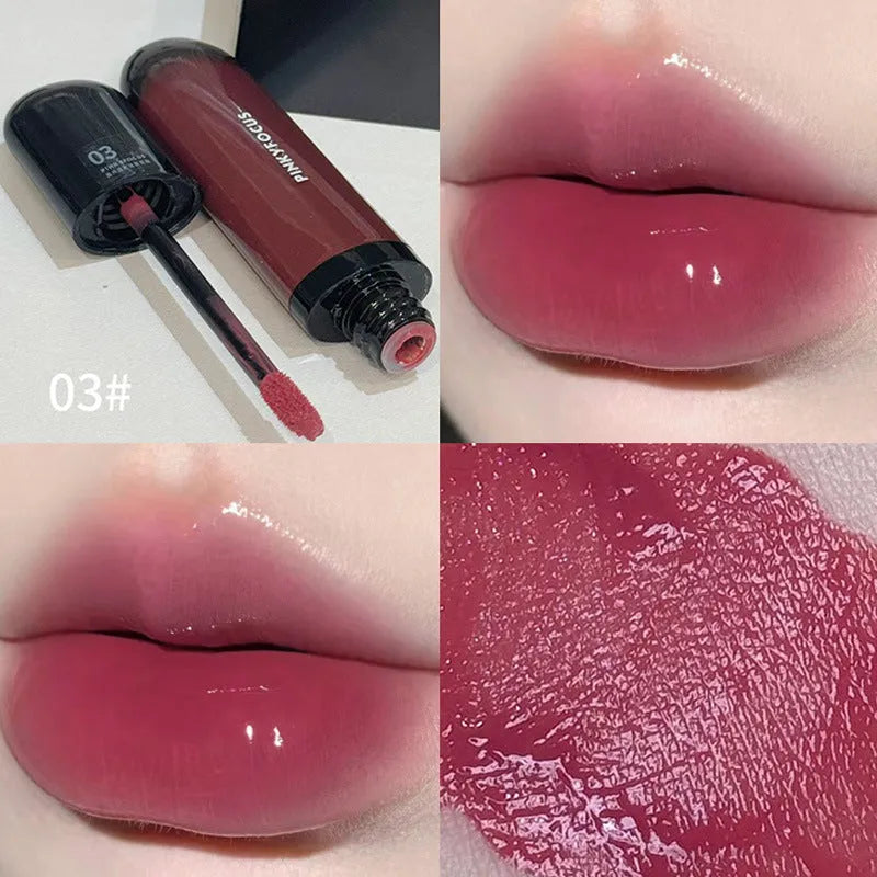 Black shiny mirror lip lacquer cosmetic product showing six colour options including deep reds and browns