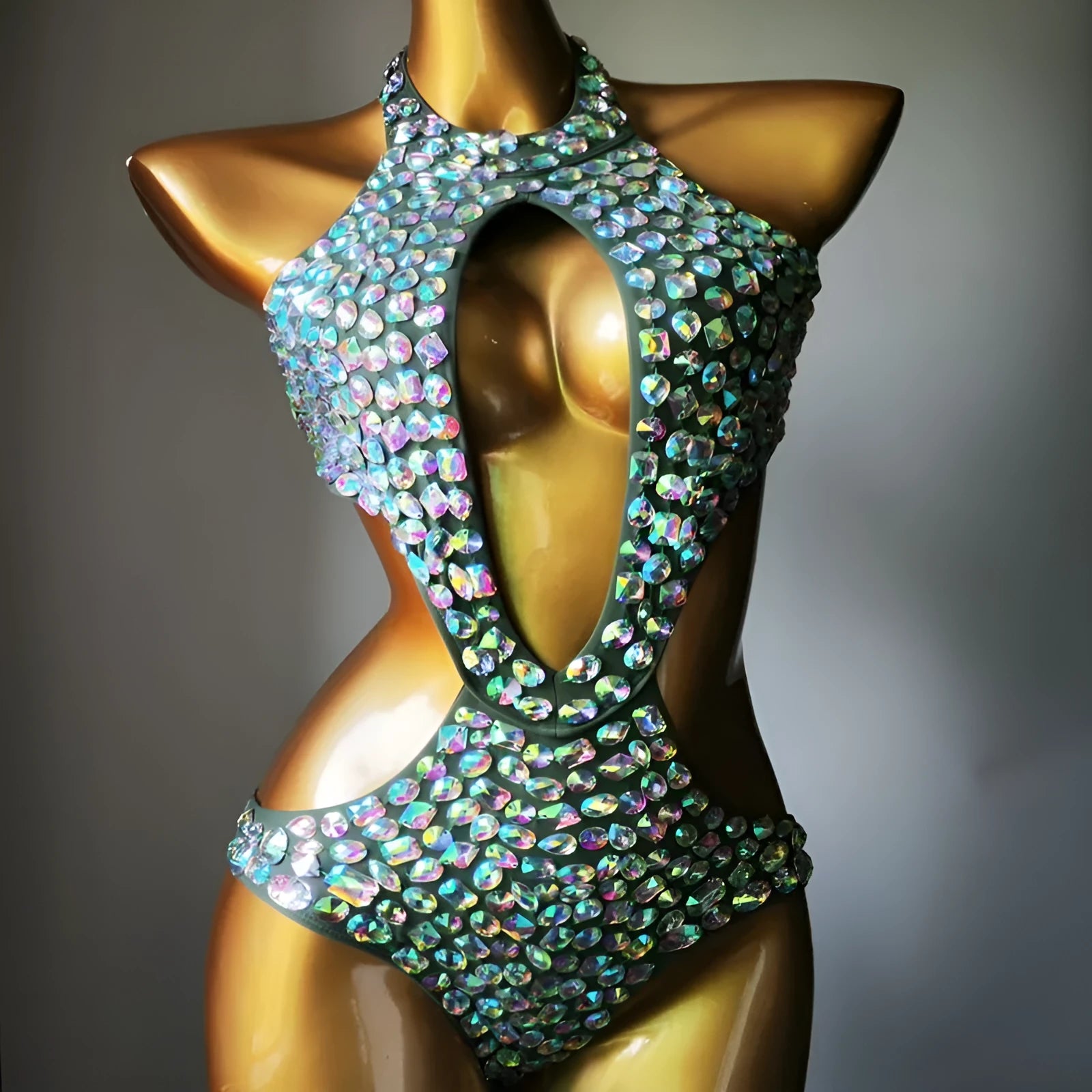 Women's one-piece swimsuit with diamond mesh design in Army Green colour