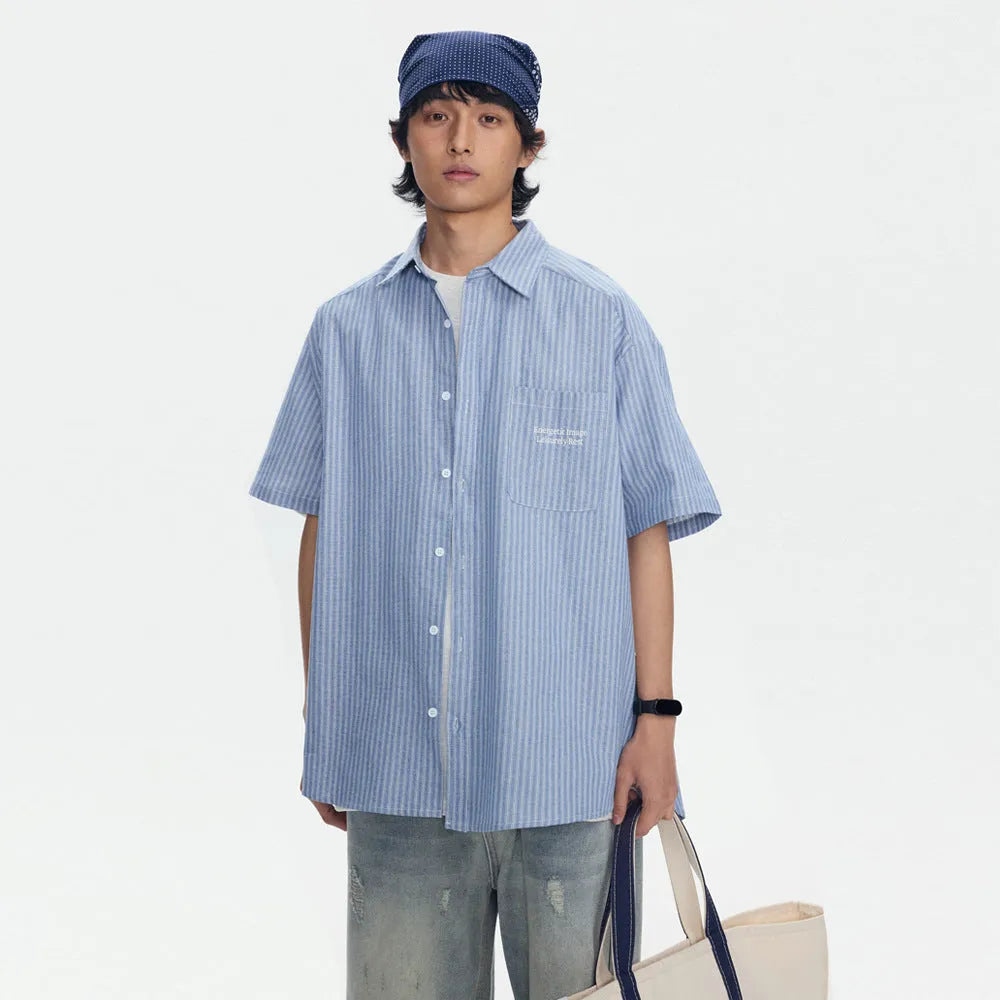 Blue and white striped loose-fit short-sleeved cardigan shirt for men and women