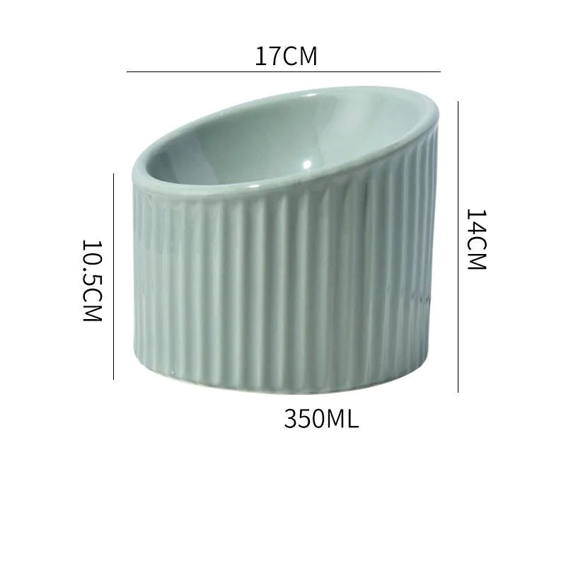 Elevated ceramic cat bowl in green colour with tilted design for whisker-friendly feeding