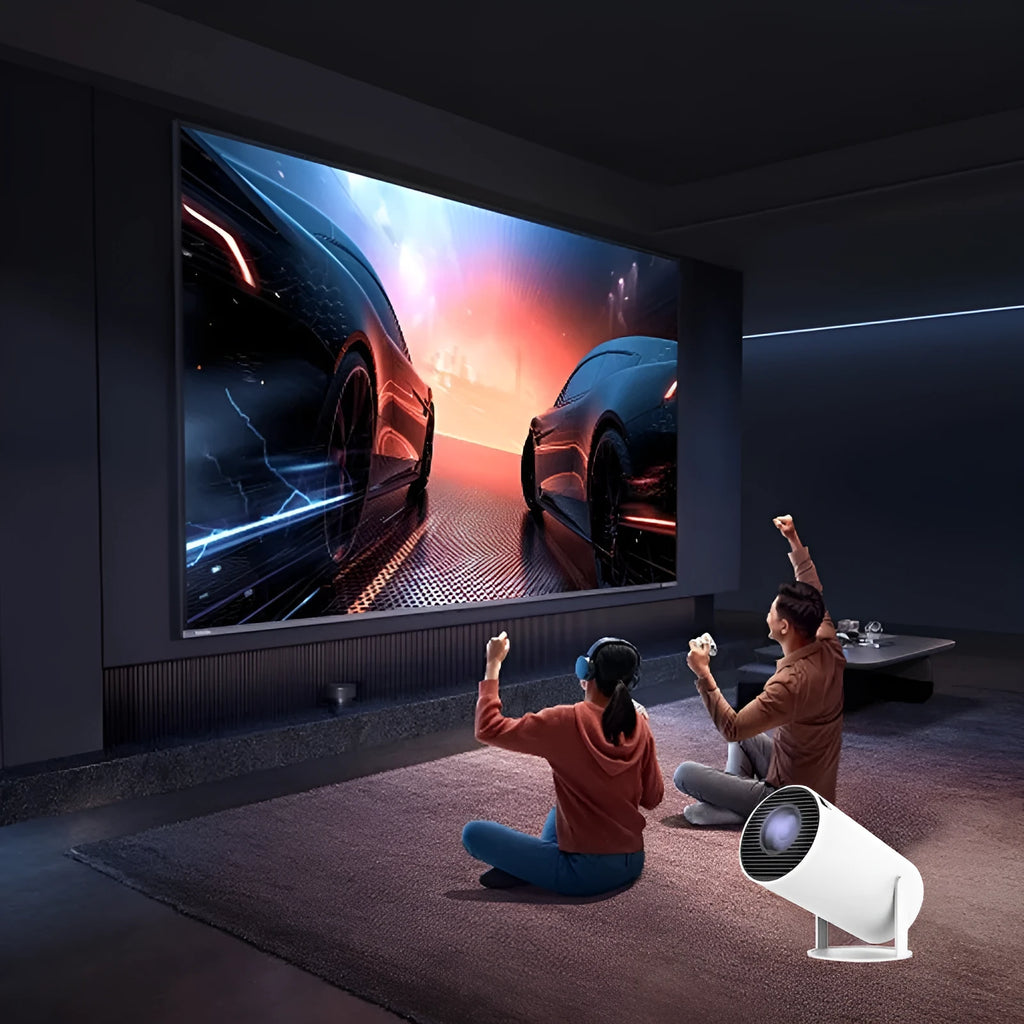 White barrel-shaped X10 PLUS portable smart projector with gamepad and remote control for home wall projection