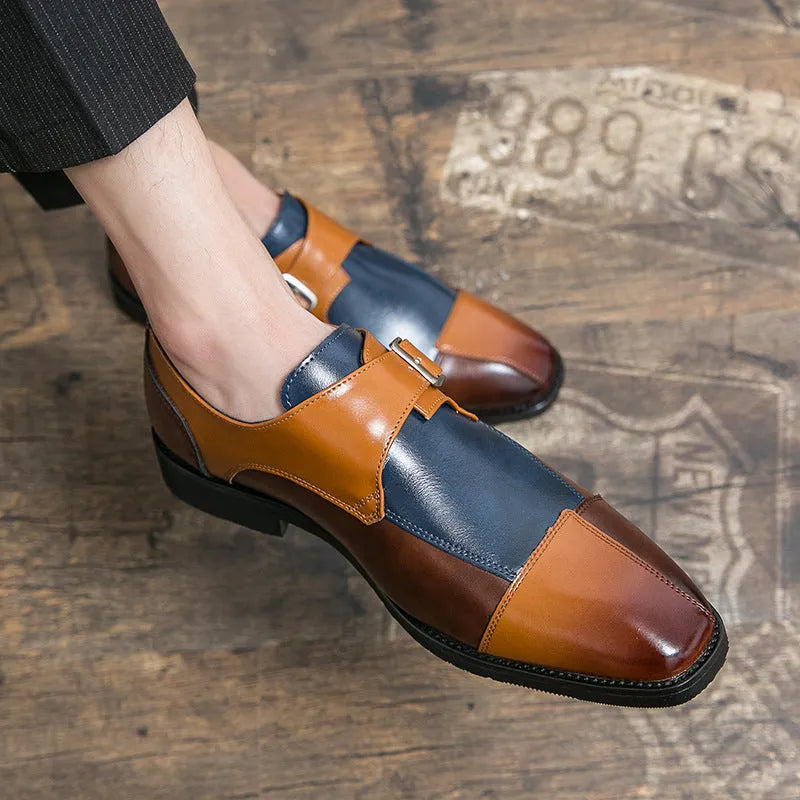 Men's brown blue and black retro buckle casual leather shoes with tall crown