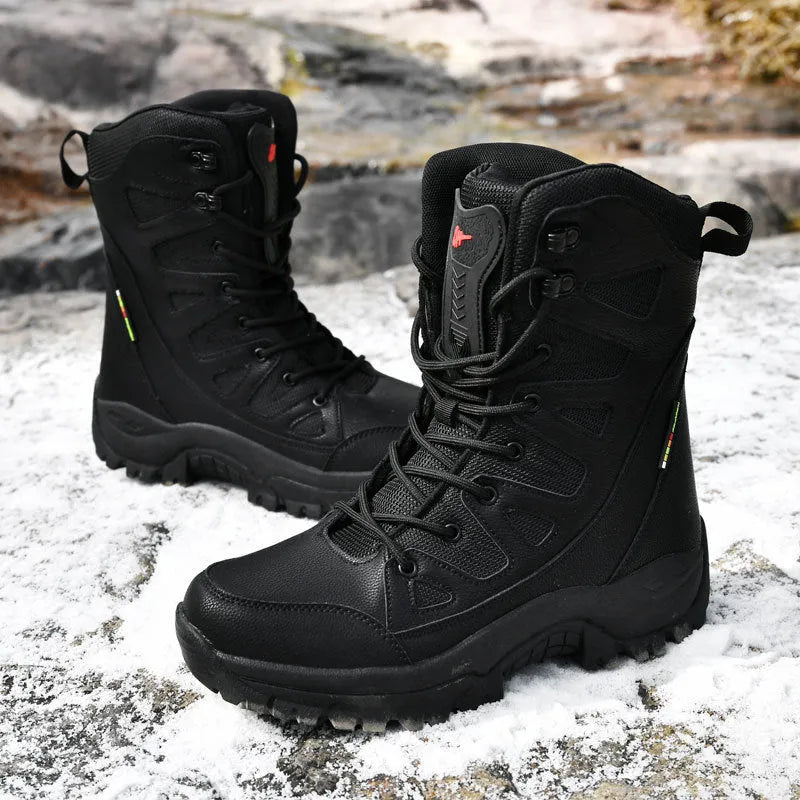 Men's brown cowhide leather hi-top hiking shoes with a platform sole on a rocky outdoor trail.