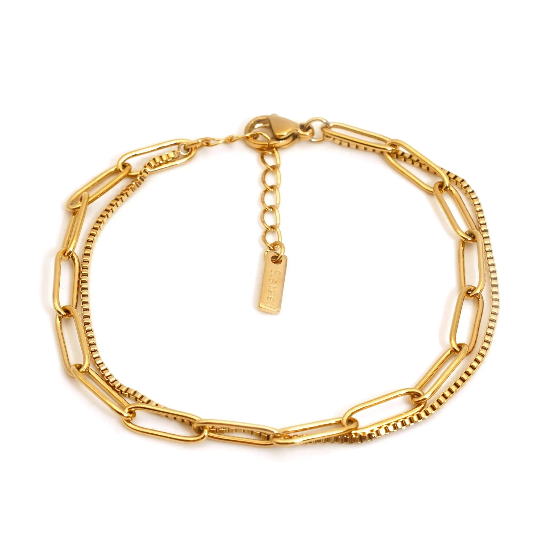 Women's double layer twin titanium steel bracelet with geometric line design in gold or silver