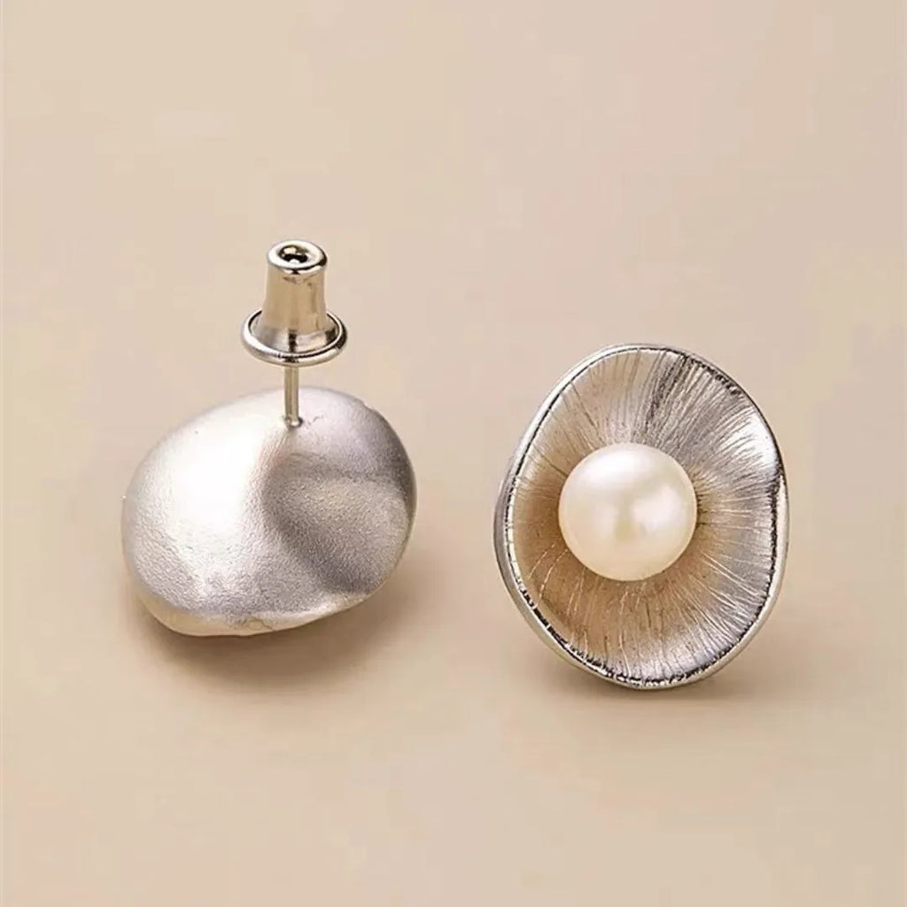 Gold colour pearl sterling silver needle earrings with geometric design and butterfly clasps