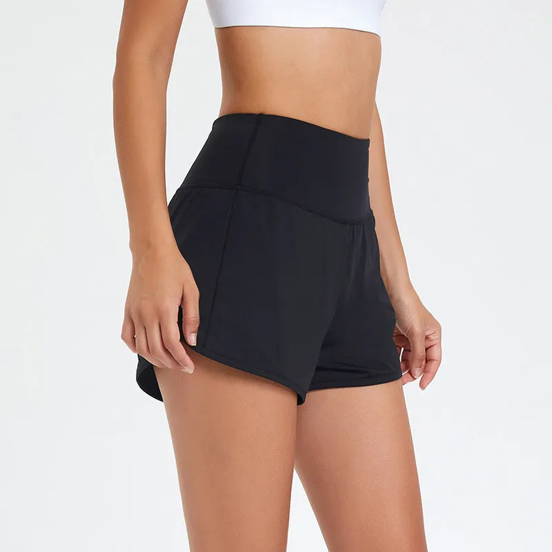 Women's high waist quick-drying nylon fitness shorts in black, shown from the front.