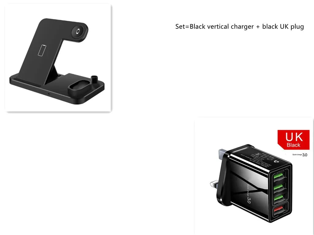 Black 4-in-1 wireless charging station showing phone, Apple Watch, AirPods, and Apple Pencil charging simultaneously.