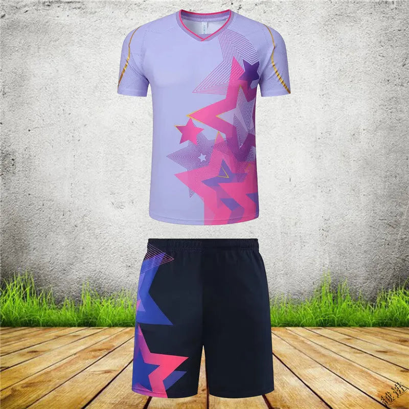 Man and woman wearing short-sleeved blue and purple badminton sportswear outfits, consisting of a top and trousers.