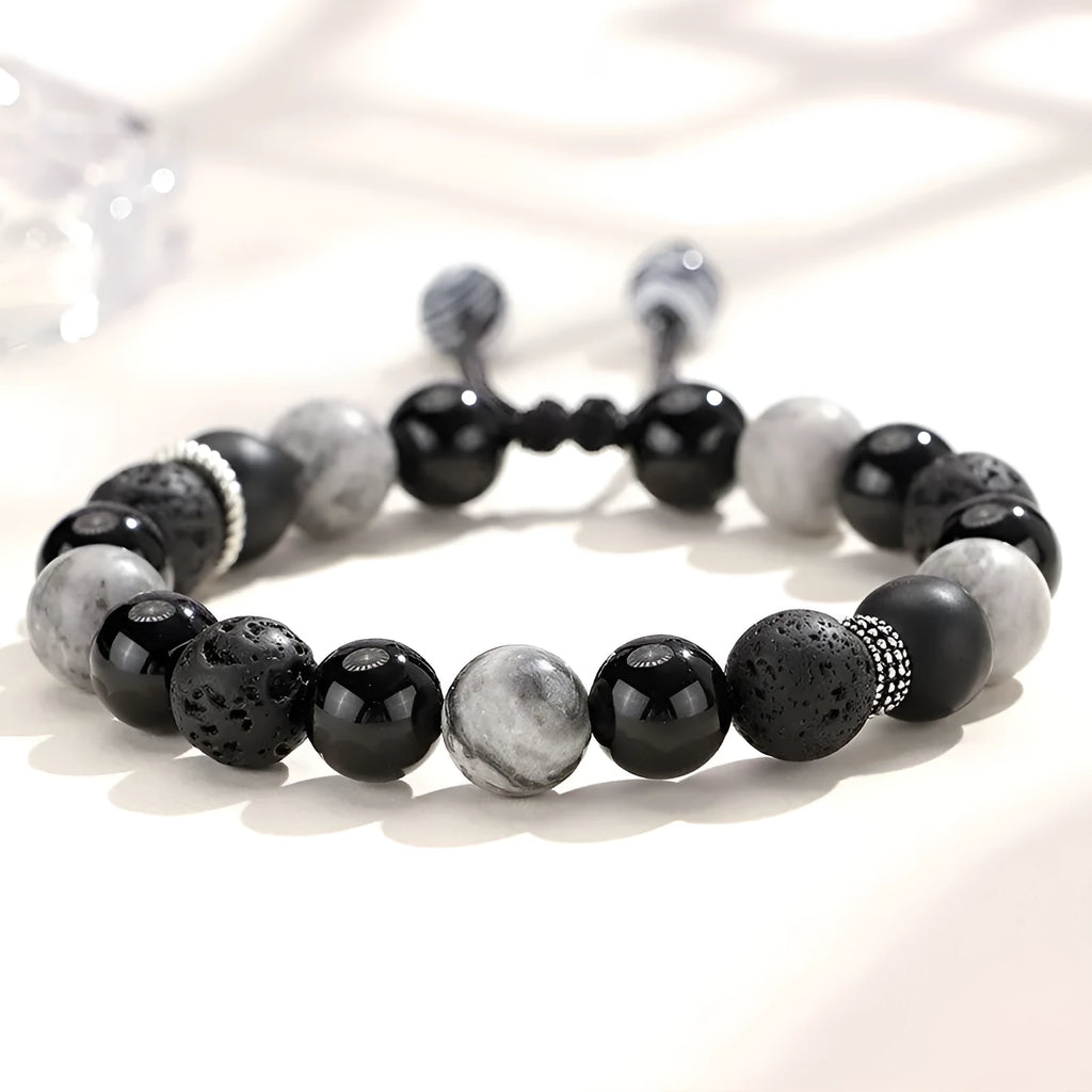 Black agate map stone volcanic rock bracelet with diamond-shaped beads and electroplated metal fittings