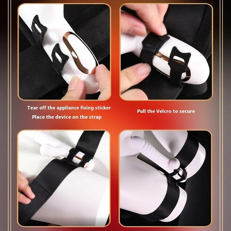 Black knitted sex toy strap for women with adjustable belt and included appliance strap