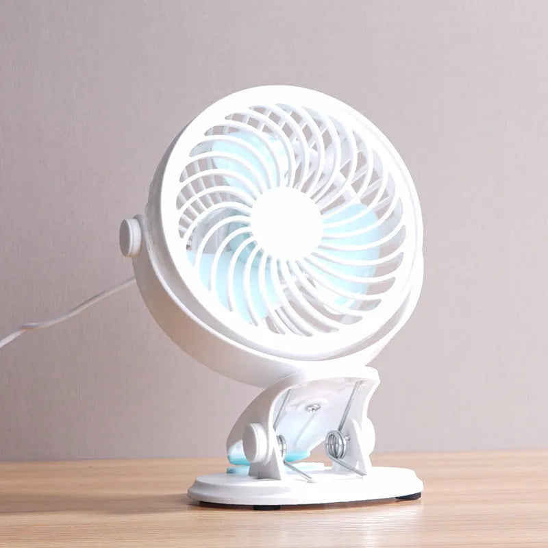 USB-powered quiet student desk fan in clip and floor configurations with brushless motor