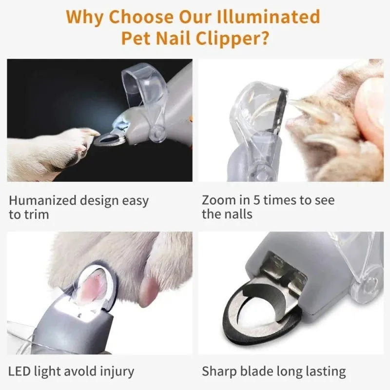 Yellow pet nail clippers with LED light and magnifying glass for dog and cat grooming