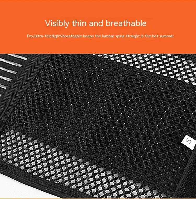 Black breathable sports waist support with internal steel plate for lumbar protection, shown laid flat.