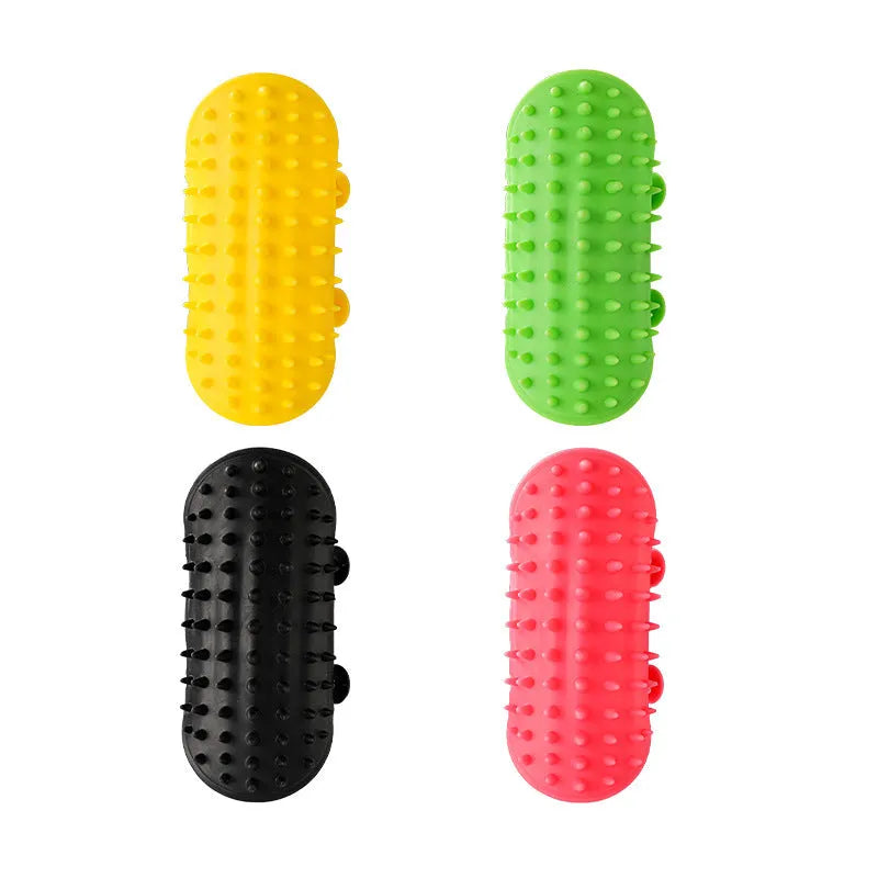 Silicone cat grooming comb with rounded teeth and adjustable strap in multiple colours