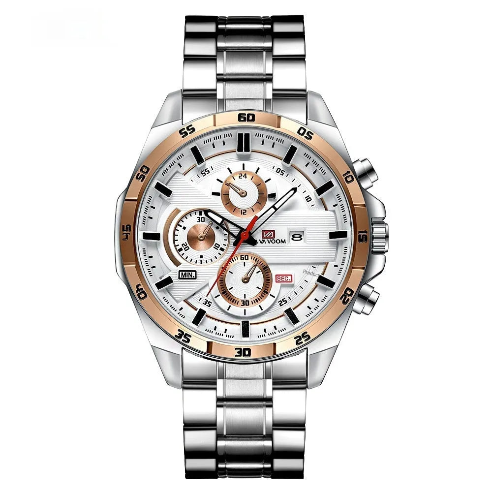 Men's casual quartz watch with business calendar on brown leather-look strap and white dial.