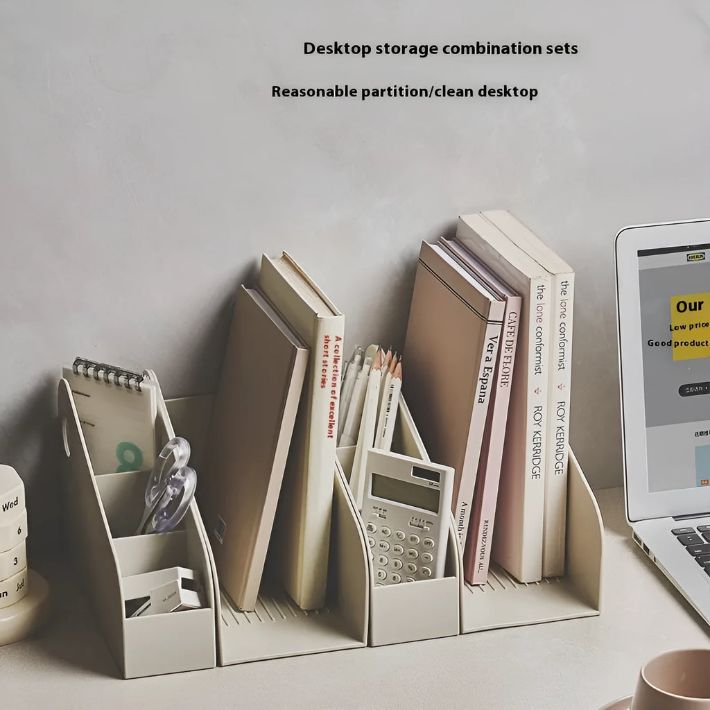 Plastic desktop storage box with 2-layer shelf organisation in milk coffee colour