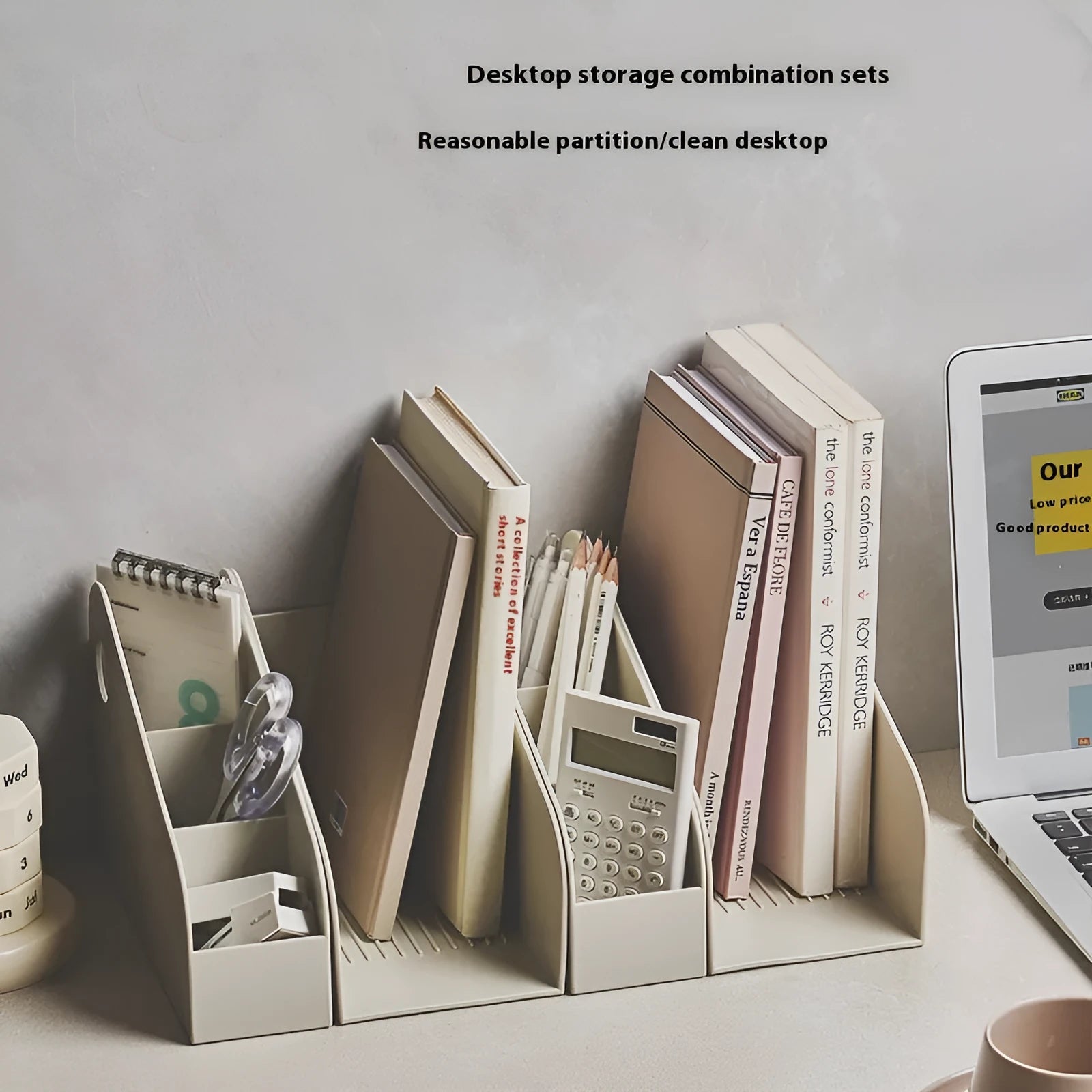 Plastic desktop storage box with 2-layer shelf organisation in milk coffee colour