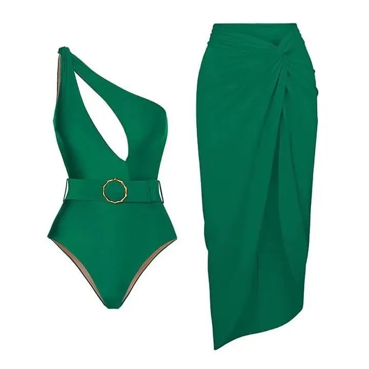 Women's one-piece swimsuit with gauze skirt in double shoulder and oblique shoulder styles.