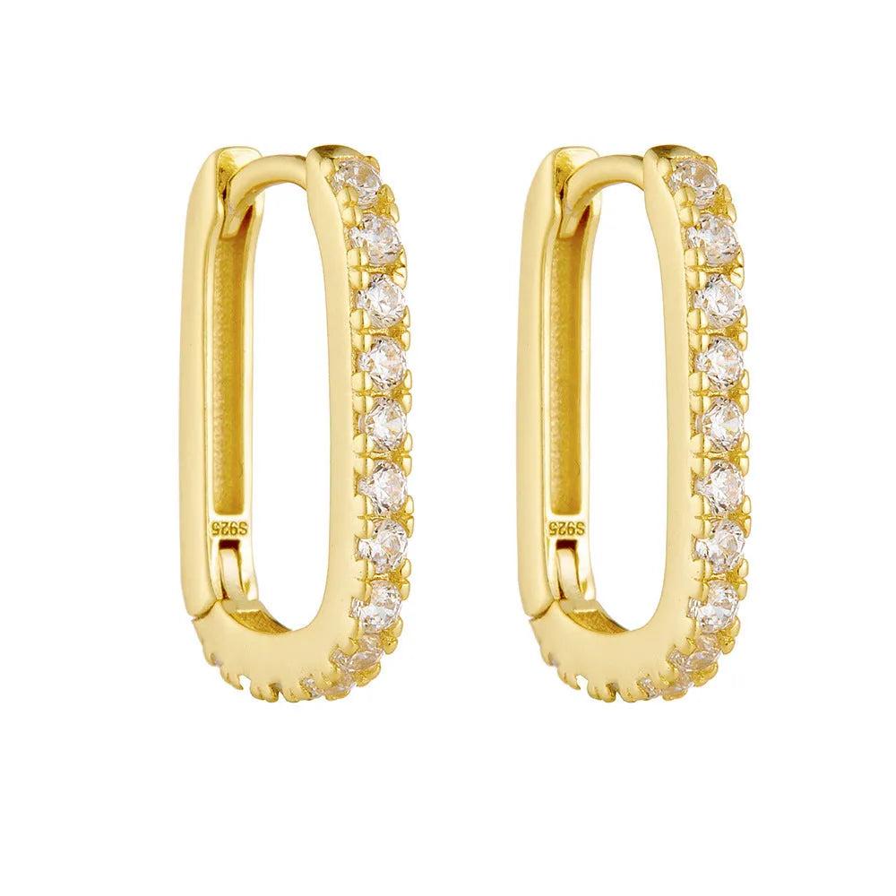 Sterling silver oval zircon ear clip earrings in geometric design