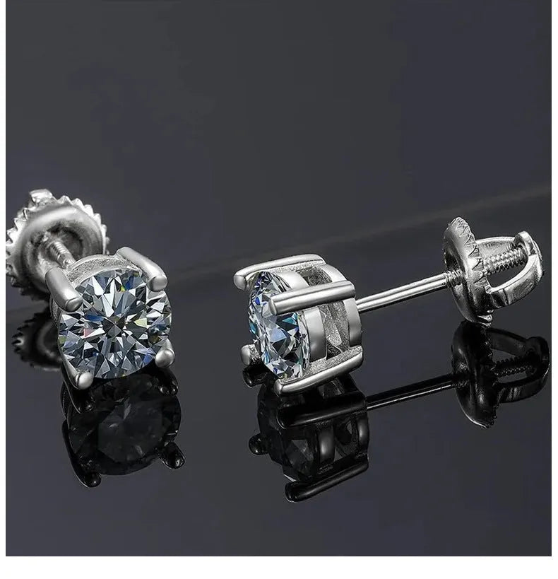 Silver screw four claw moissanite stud earrings with geometric 7mm design and certificate