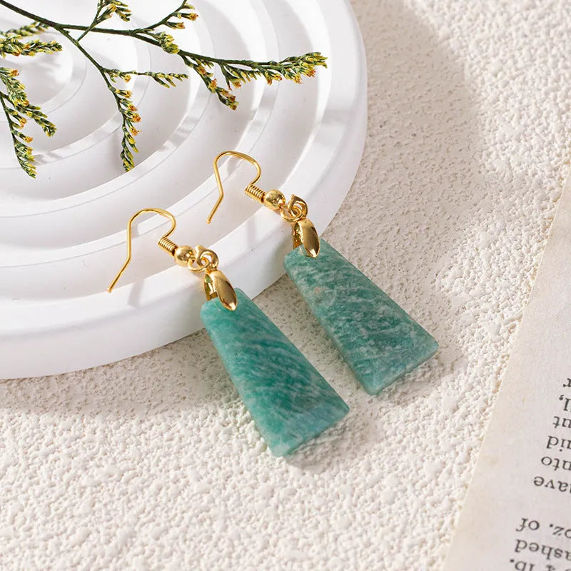 Amazonite rough stone trapezoid earrings in geometric design with gold or silver finish