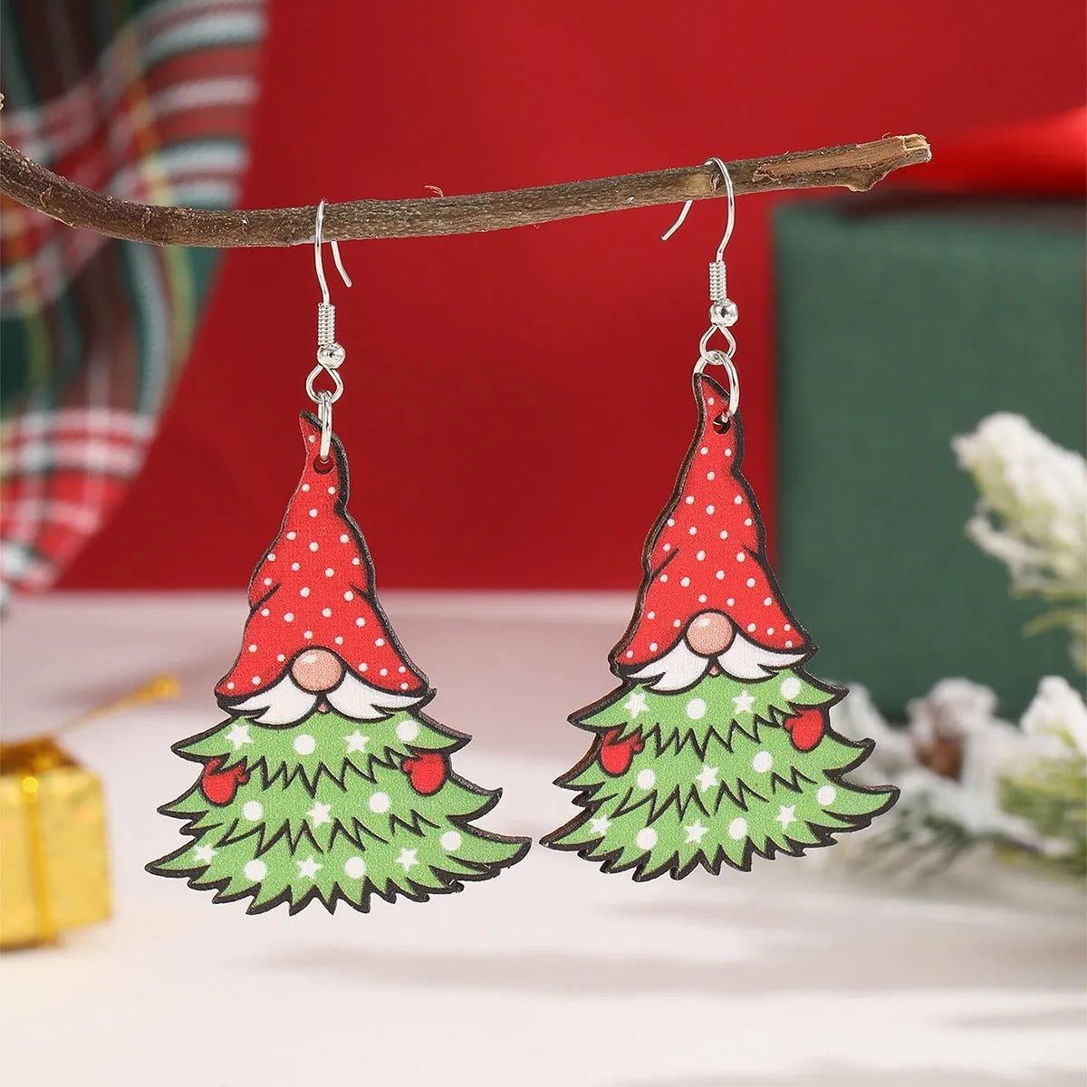 Wooden Christmas earrings with geometric shapes and printed Santa Claus designs