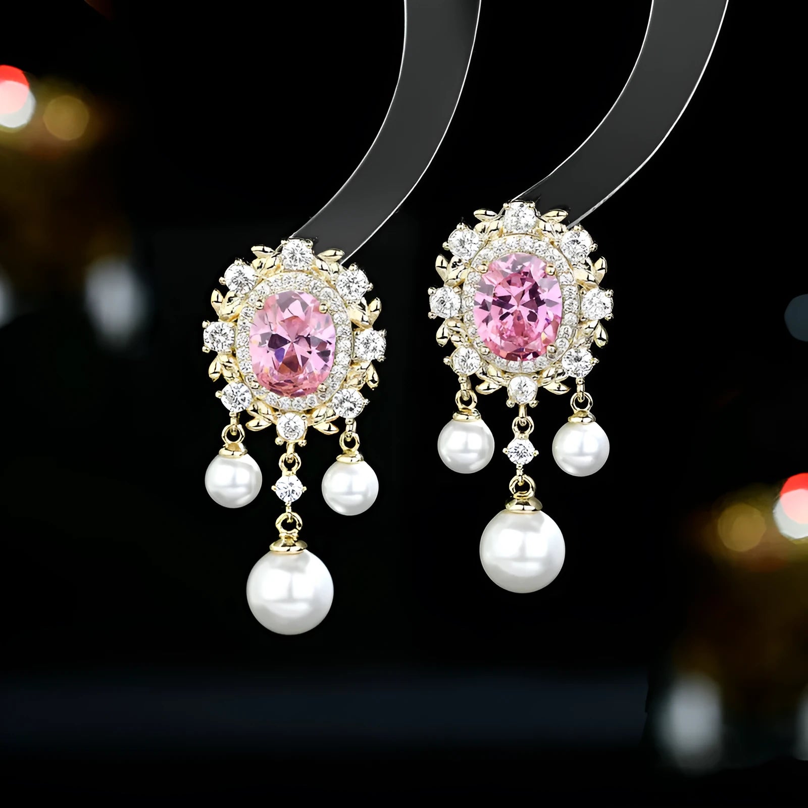 Oval geometric pearl tassel earrings with zircon stones in light purple colour