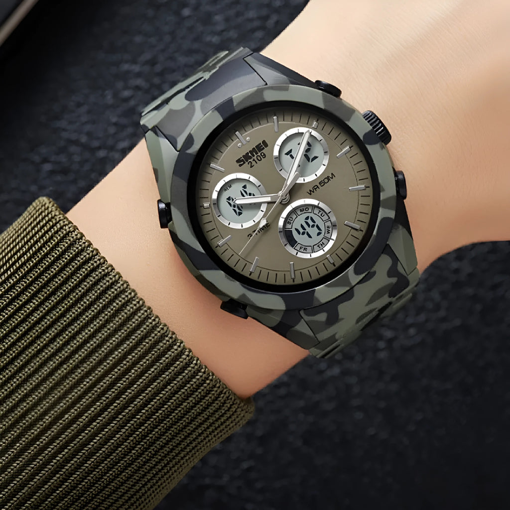 Electronic casual watch with camouflage patterned strap and resin mirror face, showing stainless steel button.