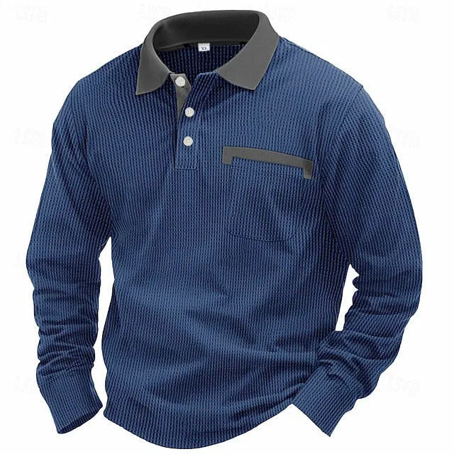Man wearing a long-sleeved waffle-textured polo shirt in a loose fit with an asymmetric design detail.