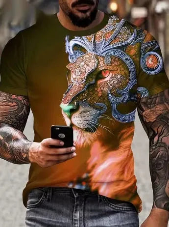 Men's black t-shirt with a detailed 3D fierce lion print on the front