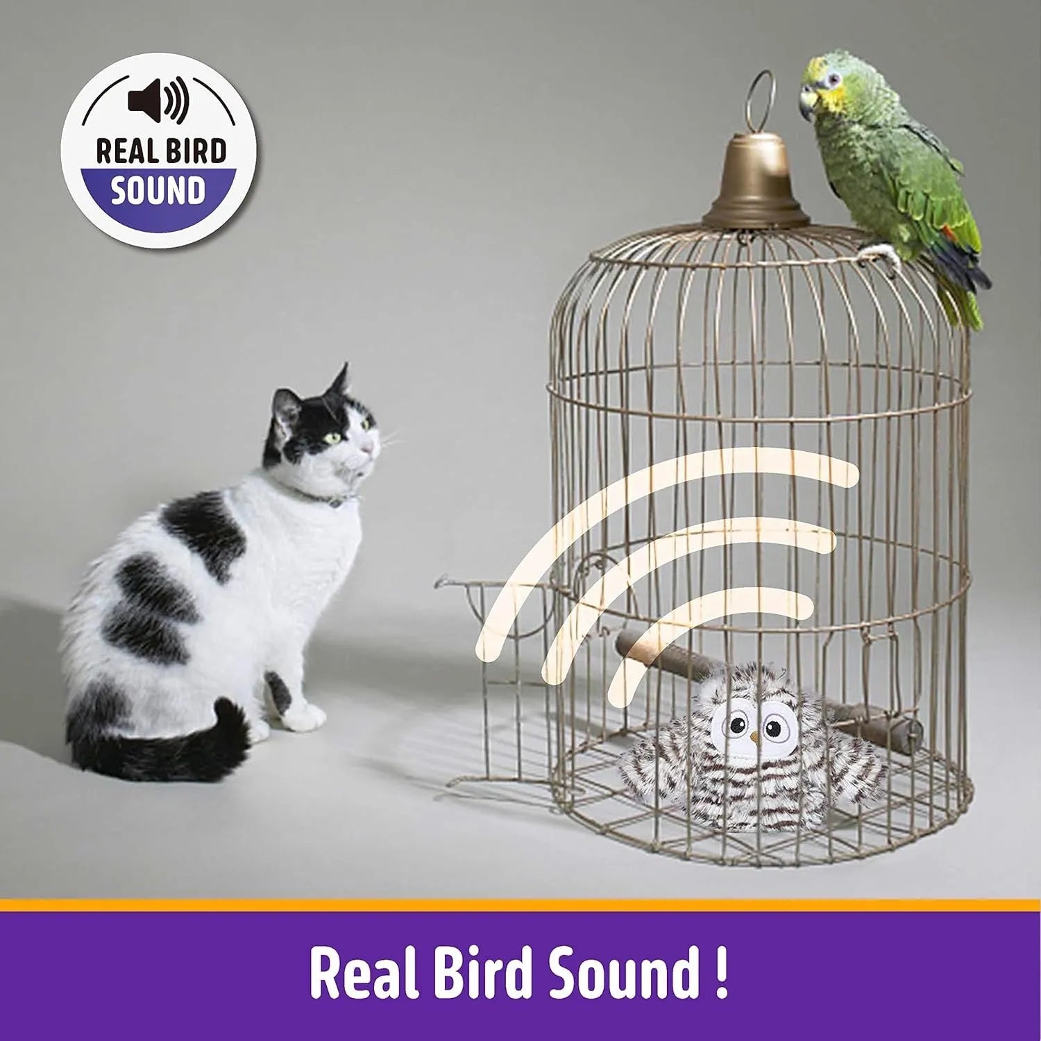 Grey interactive owl cat toy with flapping wings for indoor feline entertainment