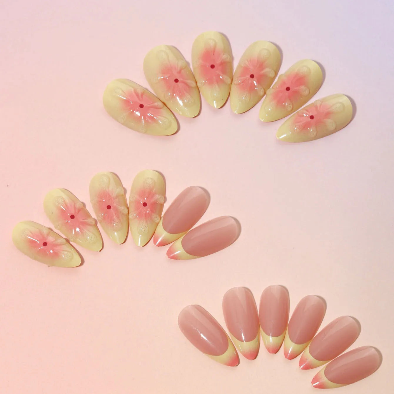 Cartoon style 3D floral plastic nail armour piece for fake nails, with jelly glue and filing strip.