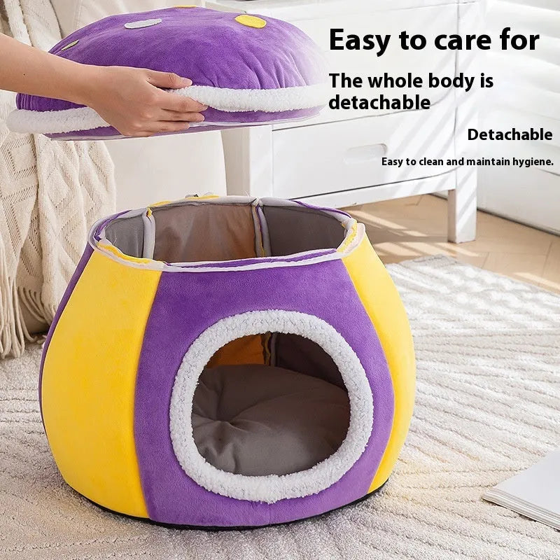 Grey mushroom-shaped hooded cat bed made of soft rabbit plush, shown with a cat inside.