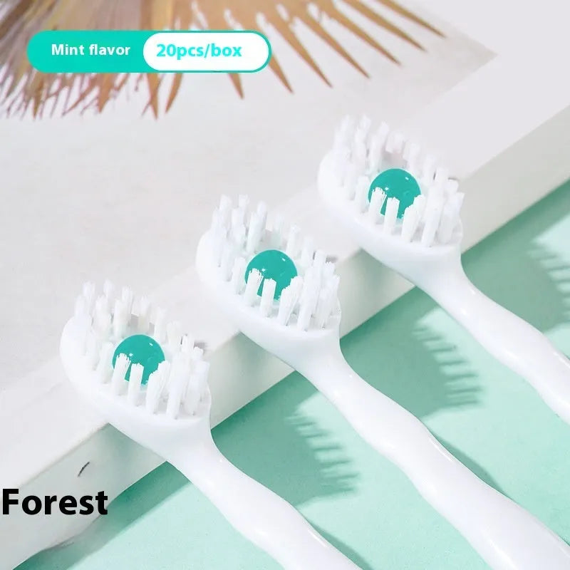 Box of 20 disposable bead toothbrushes with mint, peach, and plum green tea flavour options.