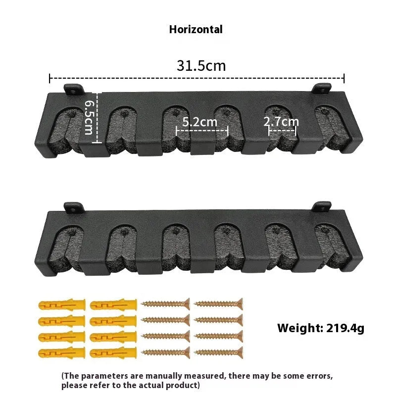Black ABS fishing rod wall mount display stand showing upright and horizontal mounting options