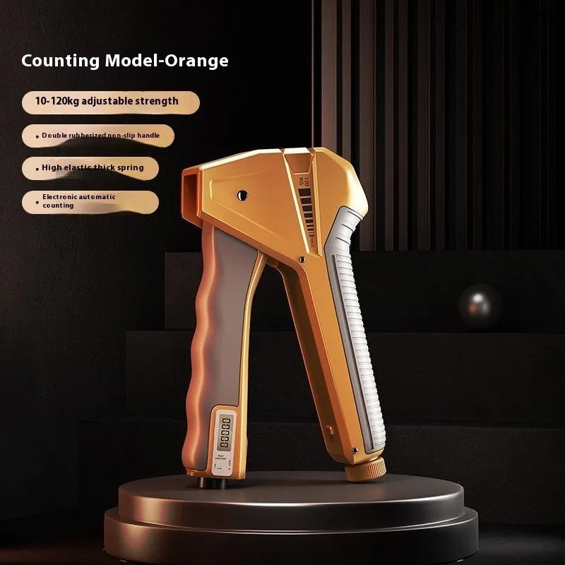 Adjustable hand gripper with mechanical counter showing 5-60kg resistance range in multiple colour options