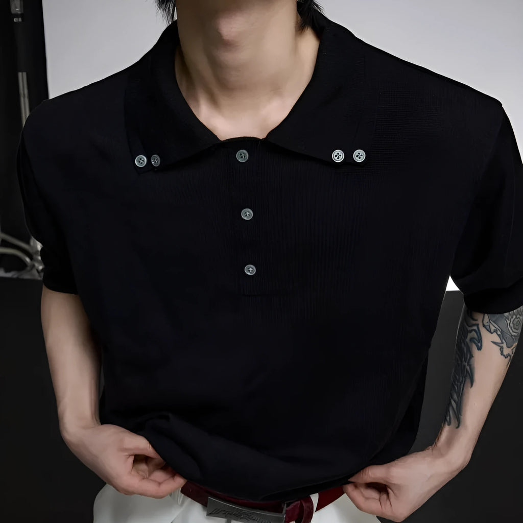 Men's black knit shirt with double collar design and short sleeves