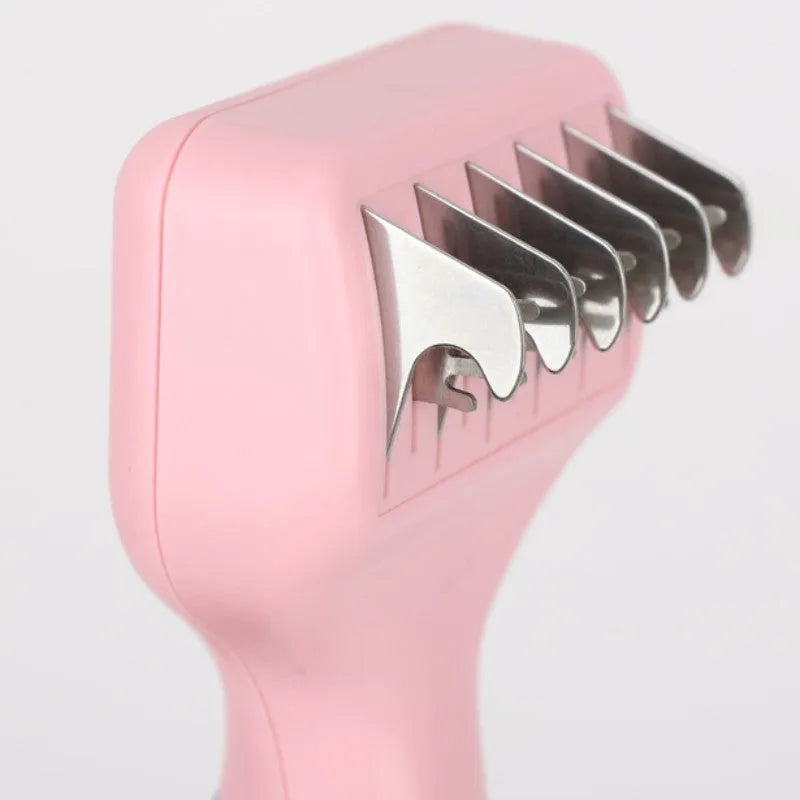 Stainless steel pet grooming comb with integrated knot knife, shown in pink and purple colour options.