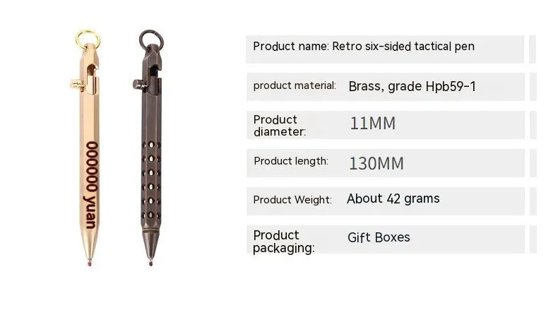 Brass hexagonal bolt-action rollerball pen with six-faceted barrel and 0.5mm tip