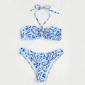 Women's floral bandeau bikini swimsuit set in blue colour with split design