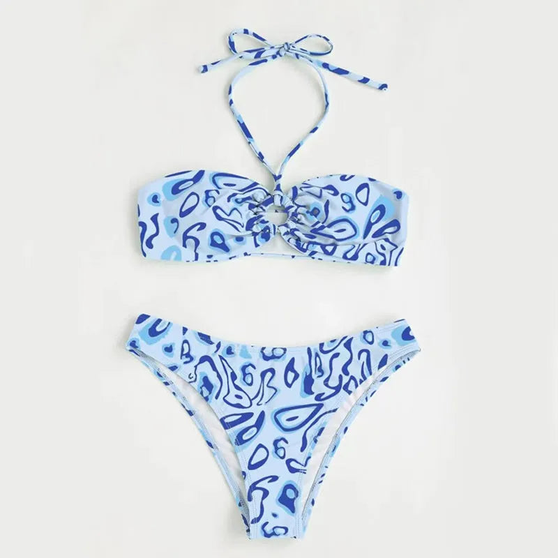 Women's floral bandeau bikini swimsuit set in blue colour with split design